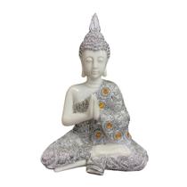 Buda Branco Rezando Sentado Luxo Strass - Decoração Zen 28Cm