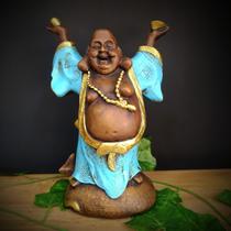 Buda com as mãos pra cima envelhecido com azul 24cm