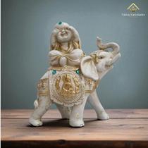 Buda com Elefante 18 Cm Gesso Off White Premium Ideal para Ambientes Zen AVB DECOR