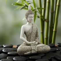 Buda Decorativo Branco Envelhecido Meditação Feng Shui 20cm