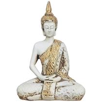 Buda Hindu Tibetano Estátua Resina Branco C/ Dourado 20 cm - M3 Decoração