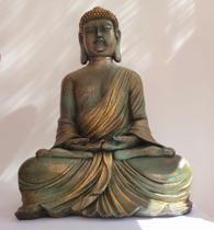 Buda sentado grande de resina na cor verde com dourado, 46cm de altura! - Omsoham