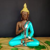 Buda tailandês turquesa com espelhos 27cm