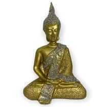 Buda Tibetano Meditando 12 cm Prata e Dourado em Resina - META ATACADO