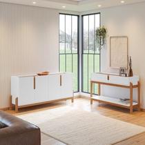Buffet 170cm e Aparador 2 Gavetas com Pés de Madeira Maciça Lizz Branco/Cedro