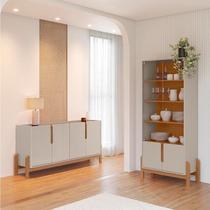 Buffet 170cm e Cristaleira com Pés de Madeira Maciça Lizz Bege/Off White/Cedro Buffet 170cm e Cristaleira com Pés de Madeira Maciça Lizz Bege/Off White/Cedro