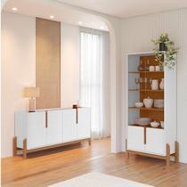 Buffet 170cm e Cristaleira com Pés de Madeira Maciça Lizz Branco/Cedro Buffet 170cm e Cristaleira com Pés de Madeira Maciça Lizz Branco/Cedro