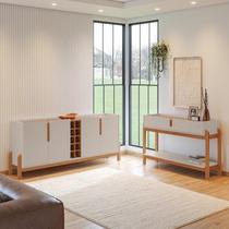 Buffet 190cm e Aparador 2 Gavetas com Pés de Madeira Maciça Lizz Bege/Off White/Cedro
