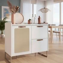 Buffet 90cm Tampo 25mm Puxador Couro Pés Aço Tela Natural