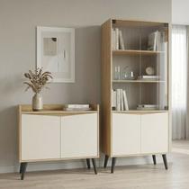 Buffet Aparador 2 Portas Retrô 88cm e Cristaleira Branco/Amendoa/Off White