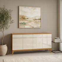 Buffet Aparador 4 Portas e 4 Gavetas em MDF com Pés em Madeira Maciça Bege/Off White/Cedro Buffet Aparador 4 Portas e 4 Gavetas em MDF com Pés em Madeira Maciça Bege/Off White/Cedro