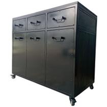 Buffet Aparador Estilo Industrial com 3 Gavetas e 3 Portas Ferro e Madeira Cor Preta