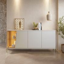 Buffet Aparador Grande 4 Portas Pés Metálicos, Led e Vidro Off White/Freijó Buffet Aparador Grande 4 Portas Pés Metálicos, Led e Vidro Off White/Freijó