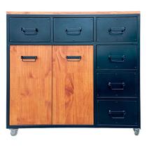 Buffet Industrial Ferro Cor Preta e Madeira Maciça Pinus Cor Castanheira 6 Gavetas, 2 Portas e 4 Rodízios