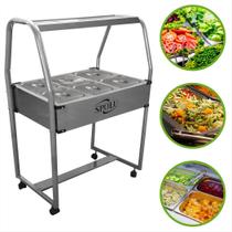 Buffet Self Service Salada Rechaud 6 Cubas Gastronômicas Inox GN 1/2 Carrinho Restaurante Balcão Carro Térmico Gelo X