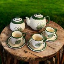 Bule Açucareiro com 3 Xícaras e Pires Para Café Pintados á Mão
