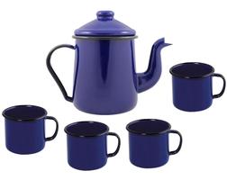 Bule Cafeteira Esmaltado Ewel Mãe Ágata 1 litro C/4 Canecas - Azul