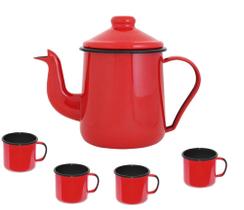 Bule Cafeteira Esmaltado Ewel Mãe Ágata 1 litro C/4 Canecas - Vermelho