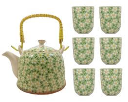 Bule Chaleira Cerâmica Oriental Decorativa com 6 Copos e Infusor