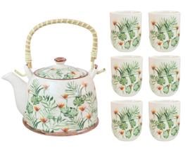 Bule Chaleira Cerâmica Oriental Decorativa com 6 Copos e Infusor