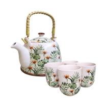 Bule de Chá Com Alça Madeira 4 Copos Xicara Caneca Porcelana