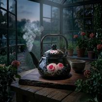 Bule Esmaltado Preto Com Flores Rosas Café Vintage Aço Inoxidável Chaleira Chá Capacidade De 2,0l