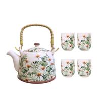 Bule Porcelana Chinesa com Infusor e 4 Copos Folhagem