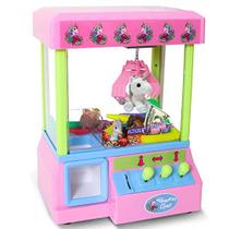 Bundaloo Unicorn Claw Machine Arcade Game e dispensador de doces para pequenos prêmios, brinquedos e guloseimas, reproduz sons de música arcade originais, mini máquina de venda automática legal