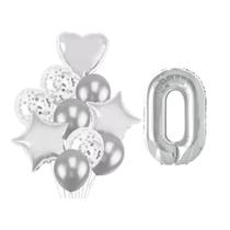 Buque 10 Balões a Coração Estrela e 1 Número Metalizado Prata 70cm
