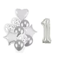 Buque 10 Balões a Coração Estrela e 1 Número Metalizado Prata 70cm