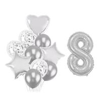 Buque 10 Balões a Coração Estrela e 1 Número Metalizado Prata 70cm
