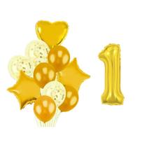 Buque 10 Balões Coração Estrela -1 Número Metalizado Dourado