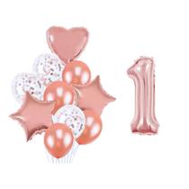 Buque 10 Balões Coração Estrela e 1 Número Metalizado Rose Gold 70cm
