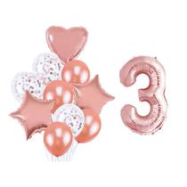 Buque 10 Balões Coração Estrela e 1 Número Metalizado Rose Gold 70cm