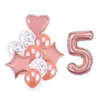 Buque 10 Balões Coração Estrela e 1 Número Metalizado Rose Gold 70cm