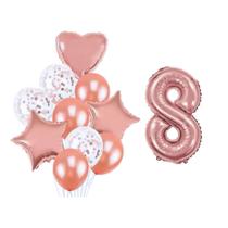 Buque 10 Balões Coração Estrela e 1 Número Metalizado Rose Gold 70cm