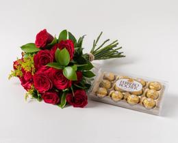 Buquê de 12 Rosas Vermelhas e Chocolate Buquê de 12 Rosas Vermelhas e Chocolate