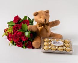 Buquê de 12 Rosas Vermelhas, Pelúcia e Chocolate