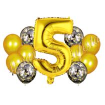 Buquê de Balões Metalizados de Número 5 Dourado - 13 Balões - PARTIUFESTA