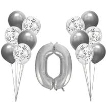 Buquê de Balões Metalizados e Número 0 Prata - 13 Balões - Apollo Festas