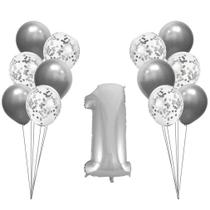 Buquê de Balões Metalizados e Número 1 Prata - 13 Balões - Apollo Festas