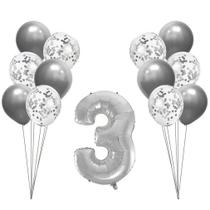 Buquê de Balões Metalizados e Número 3 Prata - 13 Balões - Apollo Festas