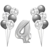 Buquê de Balões Metalizados e Número 4 Prata - 13 Balões - Apollo Festas