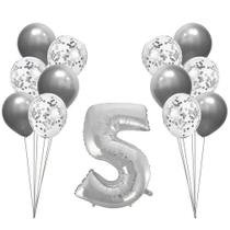 Buquê de Balões Metalizados e Número 5 Prata - 13 Balões