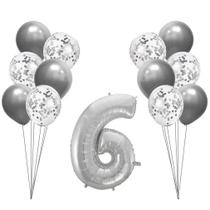 Buquê de Balões Metalizados e Número 6 Prata - 13 Balões - Apollo Festas