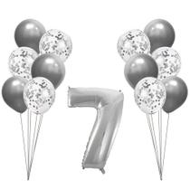 Buquê de Balões Metalizados e Número 7 Prata - 13 Balões