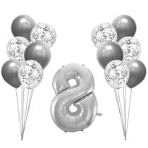 Buquê de Balões Metalizados e Número 8 Prata - 13 Balões - Apollo Festas