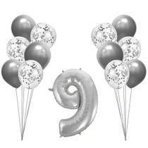 Buquê de Balões Metalizados e Número 9 Prata - 13 Balões - Apollo Festas