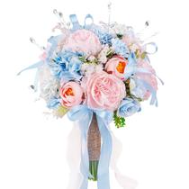 Buquê de casamento Cliclly 22 cm azul rosa creme e rosas de seda