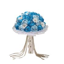 Buquê de casamento de noiva rosa de cetim azul com strass